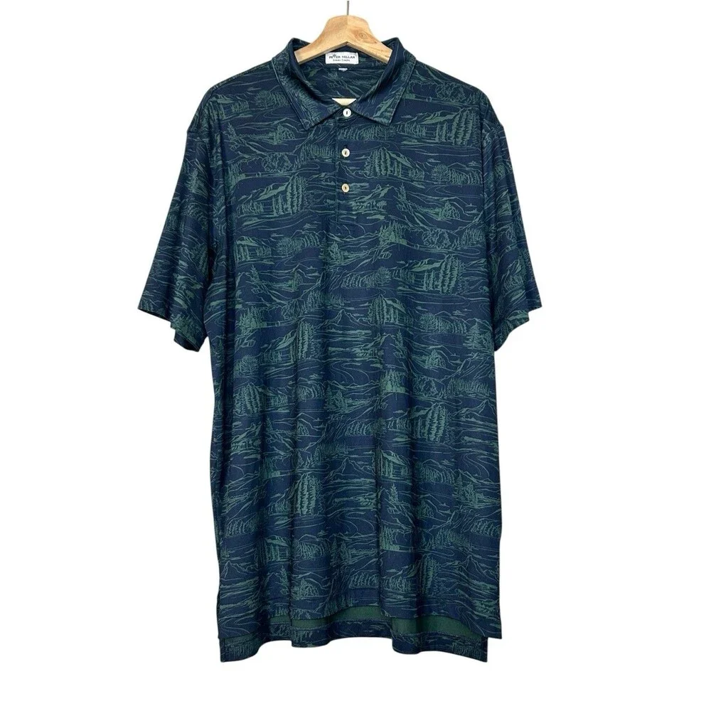 Peter Millar Summer Comfort Golf Polo Shirt Mens 2XL XXL Navy Green Scenic Print
